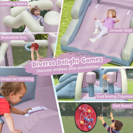 Inflatable Bounce House, White Pink Dream Cotton Bouncy House for Kids 5-12 Indoor Outdoor Backyard Fun w/Wide Slide
