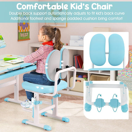 Costzon Kids Desk and Chair Set, Height-Adjustable Student Study Desk with Tiltable Desktop, Book Stand