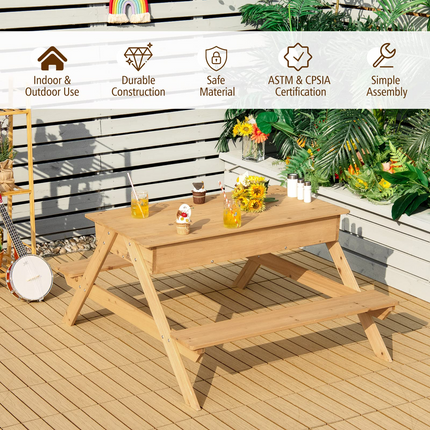 Costzon Kids Picnic Table, 3 in 1 Multipurpose Sand & Water Table w/Removable Top & 2 Storage Boxes