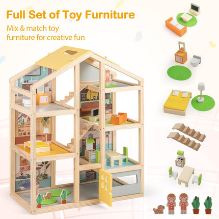 Costzon Wooden Dollhouse for Kids Modern Family Pretend Playhouse