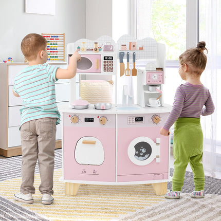 Costzon Play Kitchen, Wooden Toy Kitchen Set with Coffee Maker Playset