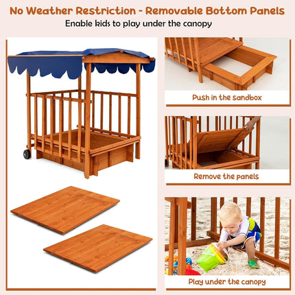 Costzon Kids Retractable Sandbox with Canopy, Wooden Cedar Cabana Playhouse w/Large Play Area