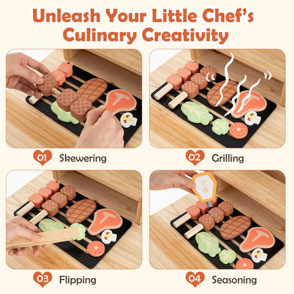 Costzon Kids Grill Playset with Chalkboard, Wooden Kids BBQ Grill Playset with Play Food（With Blackboard）