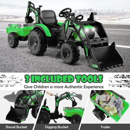 Costzon 3 in 1 Ride on Tractor, Excavator & Bulldozer, 12V Battery Powered Electric Vehicle w/ Trailer
