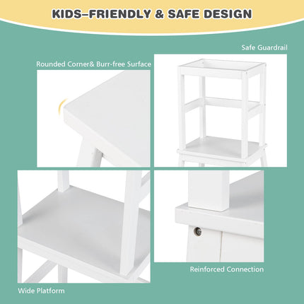 Costzon Kids Kitchen Step Stool with Safety Rail, 2 in 1 Solid Wood Montessori Learning Stool Standing Helper