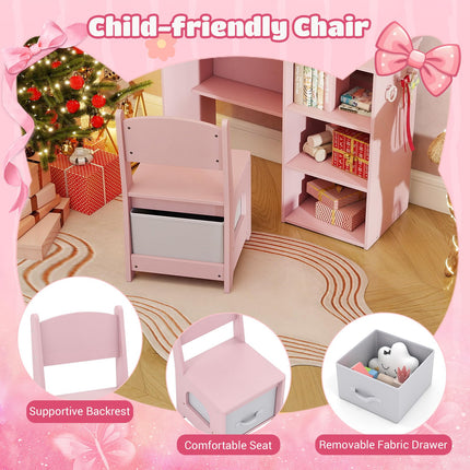 Costzon Wooden Kids Vanity Table and Chair Set with Mirror Hooks & Open Shelves
