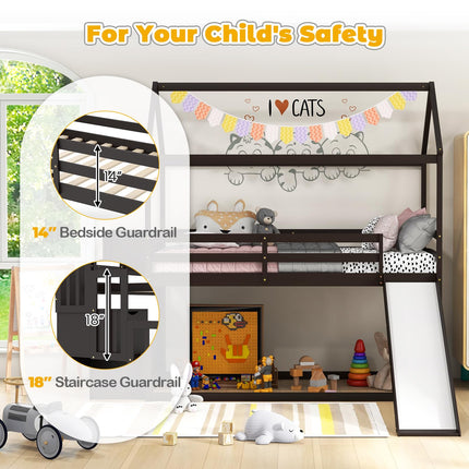 Costzon House Bunk Bed, Twin Over Twin Wood Kids Bed Frame with Slide & Storage Staircase