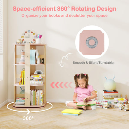 Costzon Kids Rotating Bookshelf 360° Spinning 3-Tier Corner Bookshelf(Pink classic)