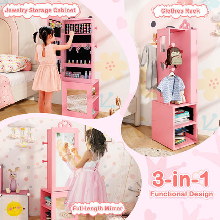 Costzon Kids Jewelry Armoire Cabinet, 46" Standing Jewelry Organizer with Full-Length Mirror