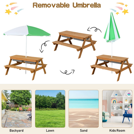 Costzon Kids Picnic Table, 3 in 1 Sand & Water Table w/Height Adjustable Umbrella, Removable Tabletop