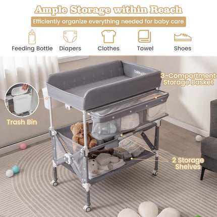 BABY JOY Portable Baby Changing Table, Foldable Waterproof Diaper Changing Station w/Wheels