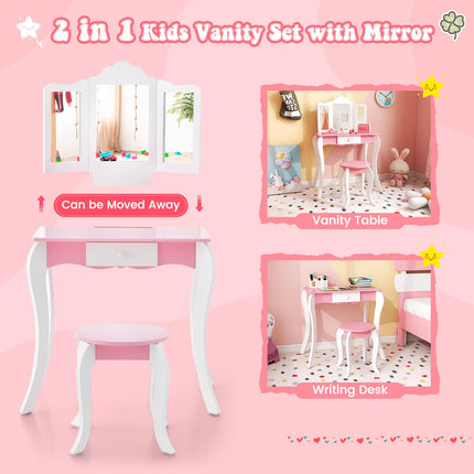 Costzon Kids Vanity Table and Chair Set, Girls Vanity Set with Mirror and Stool, Storage Drawer