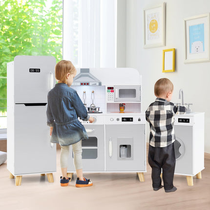 Costzon 3-Piece Play Kitchen for Kids, Wooden Toy Kitchen Set with Refrigerator