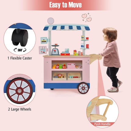 Costzon Wooden Grocery Cart, Kids Pretend Role Play Market Stand with Play Food