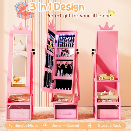 Costzon LED Kids 360° Swivel Jewelry Cabinet with Full Length Mirror