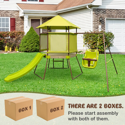 Costzon Swing Sets for Backyard, 4-in-1 Heavy Duty Metal Swing Set with Slide, Baby Swing