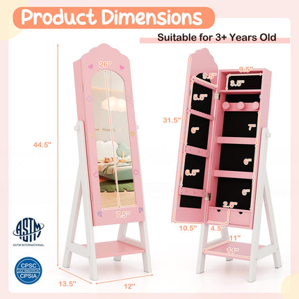 Costzon Kids Jewelry Armoire Cabinet, Standing Jewelry Organizer with Full-Length Mirror