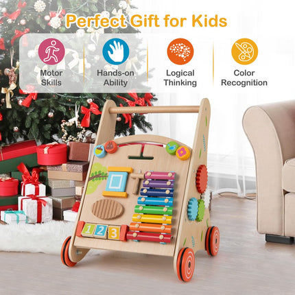 BABY JOY Wooden Baby Walker Push and Pull Sit to Stand Learning Activity Center