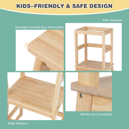 Costzon Kids Kitchen Step Stool with Safety Rail, 2 in 1 Solid Wood Montessori Learning Stool Standing Helper