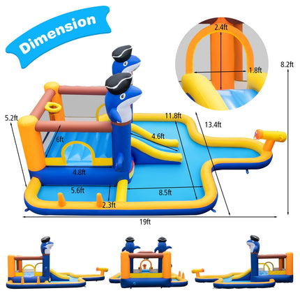 BOUNTECH Inflatable Water Slide, Shark Themed Water Bounce House with Slide for Kids Backyard Fun