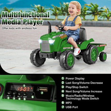 Costzon 2-in-1 Ride On Tractor, 12V Kids Ride on Car w/Detachable Trailer, Remote Control, Tractor Toys for Kids 3-8