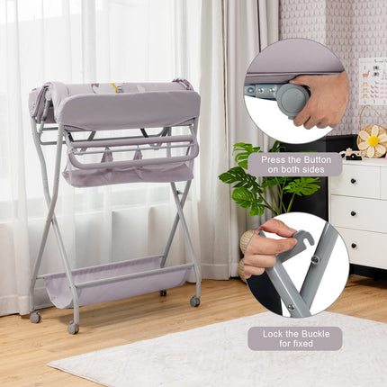 Costzon Portable Changing Table, Mobile Baby Changing Table with Wheels, Safety Belt, Large Storage Basket