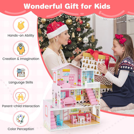 Costzon Wooden Dollhouse for Kids, 3-Story Semi-Open Doll House with 5 Rooms & 10 Pieces Furniture Set