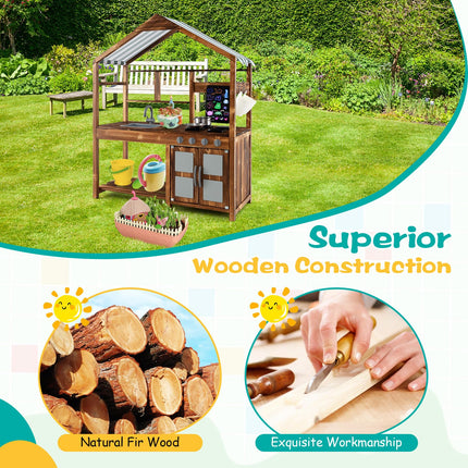 Costzon Mud Kitchen, Outdoor Play Kitchen with Canopy, Wooden Kids Kitchen Playset, Mud Kitchen for Kids Outdoor