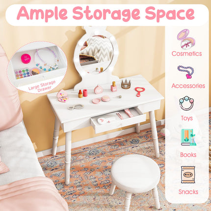 Costzon Kids Vanity, Girls Vanity Set with Mirror and Stool and Lights, Drawer, Pretend Play Kids Vanity Table and Chair Set
