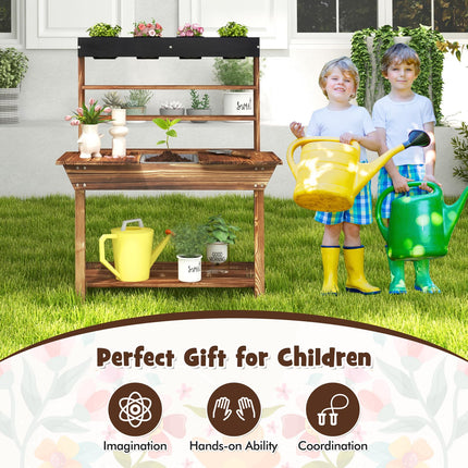 Costzon Kids Potting Bench, Wood Toy Gardening Center with 4 Pots, Mud Kitchen for Kids Outdoor Play Kitchen