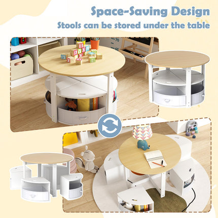 Costzon Kids Table and Chairs, 5 Pieces Wooden Round Children Nesting Table with 4 Storage Stools & 4 Fabric Drawers for Activity
