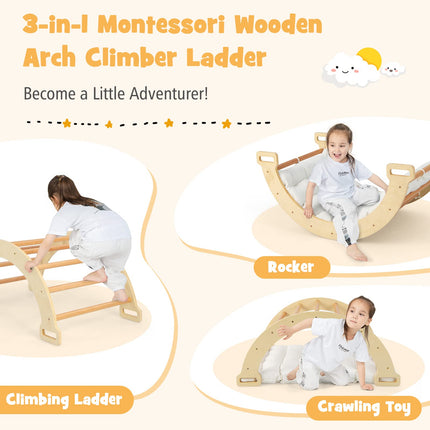 2-in-1 Montessori Wooden Arch Climber Ladder Structure with Cozy Cushion - Costzon