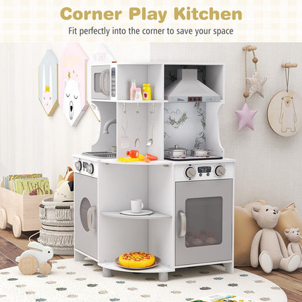 Costzon Corner Play Kitchen, Wooden Kids Kitchen Playset with Water Circulation, Real Lights & Sounds