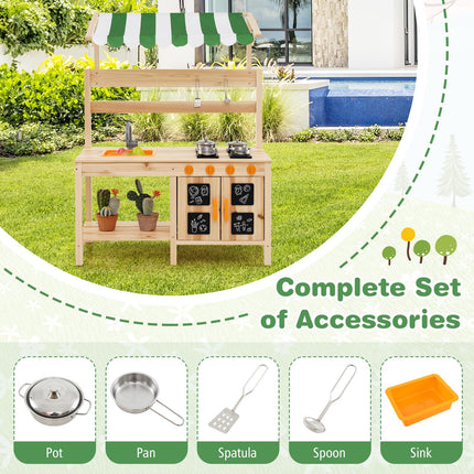 Costzon Mud Kitchen with Canopy, Fir Wood Kids Kitchen Playset with 4 Stoves, Outdoor Play Kitchen for Kids Toddlers, Gift for Boys Girls Ages 3+