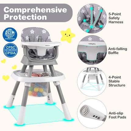 6 in 1 High Chair, Convertible Baby Highchair for Babies and Toddlers with Activity Center