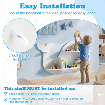 Costzon Wooden Whale-Shaped Wall Shelf | Floating Bookshelf with 6 Open Shelves