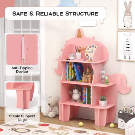 Costzon Unicorn Kids Bookshelf, 3-Tier Toddler Montessori Shelf Book Rack, Toy and Book Storage for Kids