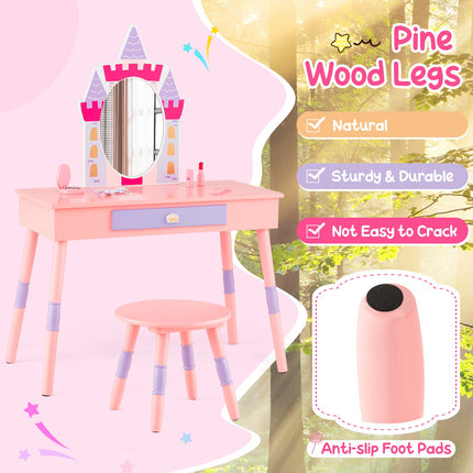Costzon Kids Vanity Set, Girls Vanity Set with Mirror and Stool, Princess Makeup Dressing Table
