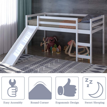Costzon Twin Loft Bunk Bed with Slide, Built-in Ladder and Guard Rail, Kids Solid Wood Low Bunk Bed Frame