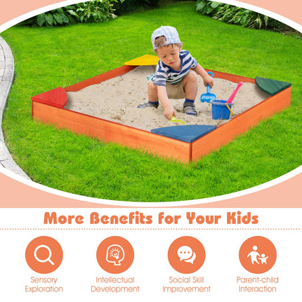 Costzon Kids Wooden Sandbox Wood Cedar Square Sand Box with 4 Colorful Built-in Corner Seating
