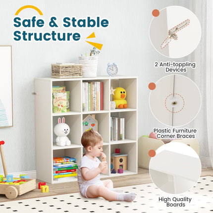 Costzon 9-Cube Toy Storage and Organizer, 4-Tier Wooden Kids Bookshelf, Toy and Book Storage Display Organization, Toddler Shelf