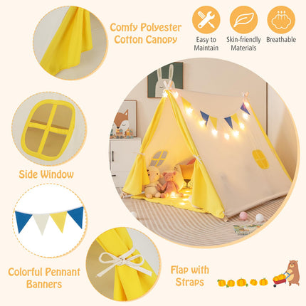 Costzon Teepee Tent for Kids, Pine Wood Frame Triangular Playhouse w/Cute Windows