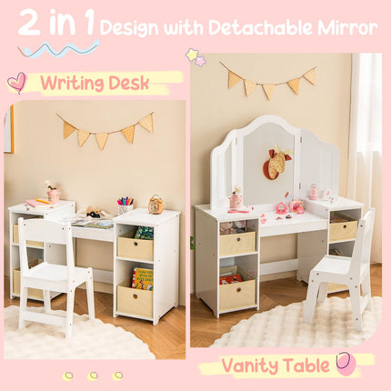 Costzon Kids Vanity, 2 in 1 Princess Makeup Desk & Chair Set with Tri-Folding Mirror, 4 Storage Bins