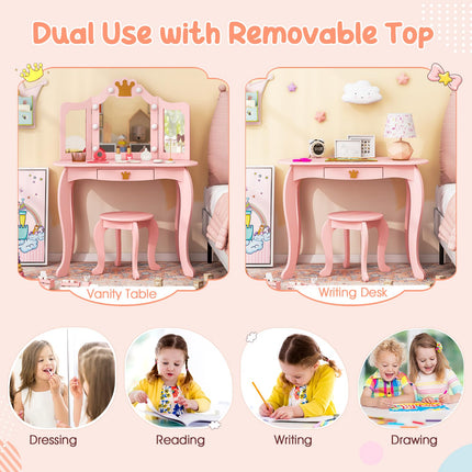 Costzon Kids Vanity with Lights, Girls Vanity Set with Mirror and Stool, Drawer, 2 in 1 Princess Makeup Desk Dressing Table