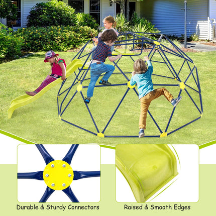 Costzon Climbing Dome with Extended Wavy Slide, 13.3FT Outdoor Jungle Gym Monkey Bar, 2 in 1 Geometric Dome Climber Playground Set