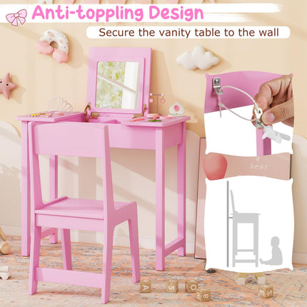 Costzon Kids Vanity, 2 in 1 Girls Vanity Set with Flip Top Mirror, Hidden Storage Space