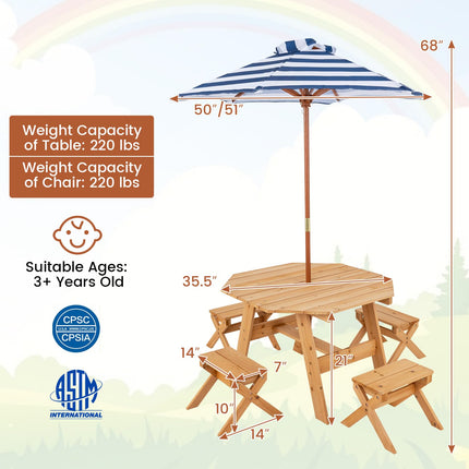 Costzon Kids Picnic Table, Fir Wood Octagon Kids Table and Chair Set with Removable Umbrella