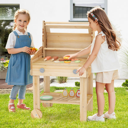 Costzon Kids Grill Playset with Wheels, Wooden Kids BBQ Grill Playset with Play Food（With Wheels）