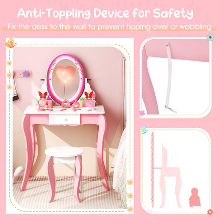Costzon Kids Vanity, Girls Vanity Set with Mirror and Stool, Drawer, Storage Grids