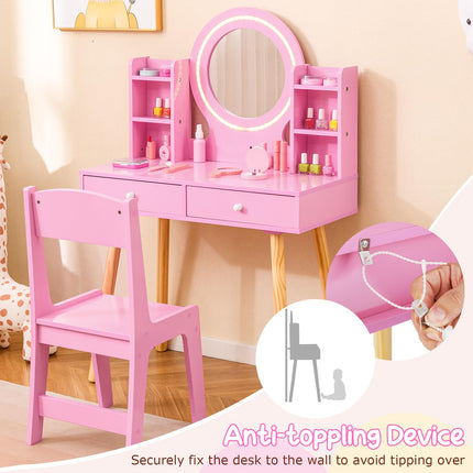 Costzon Kids Vanity, Girls Vanity Set with Mirror and Stool and Lights, Drawers, Storage Shelves
